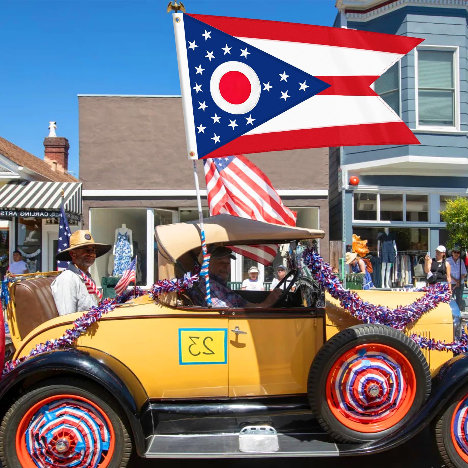 Geodurn Ohio flag shown indoors and outdoors for versatile display