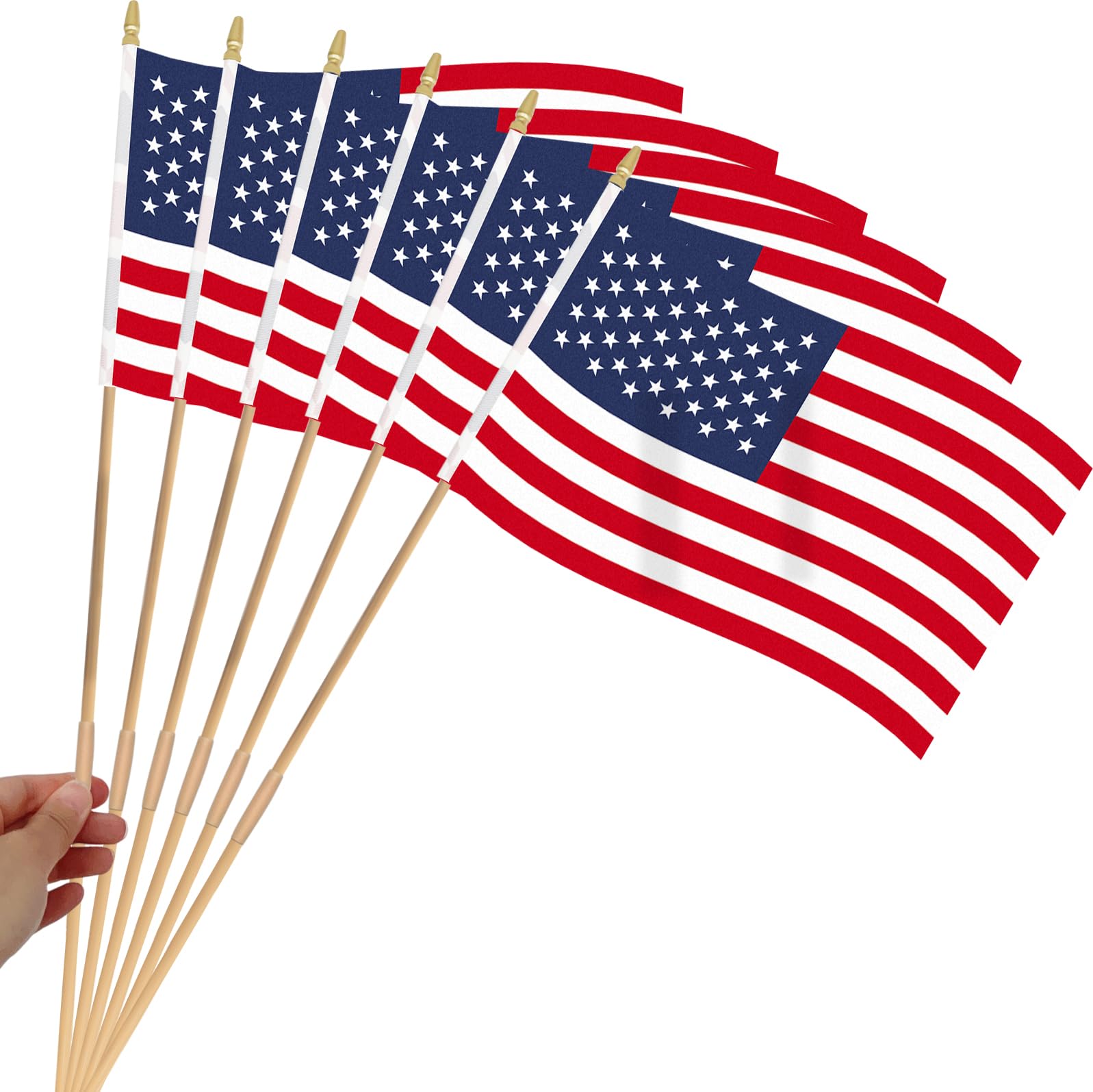 Geodurn handheld American flag 12x18 on wood sticks, ideal for outdoor parades.