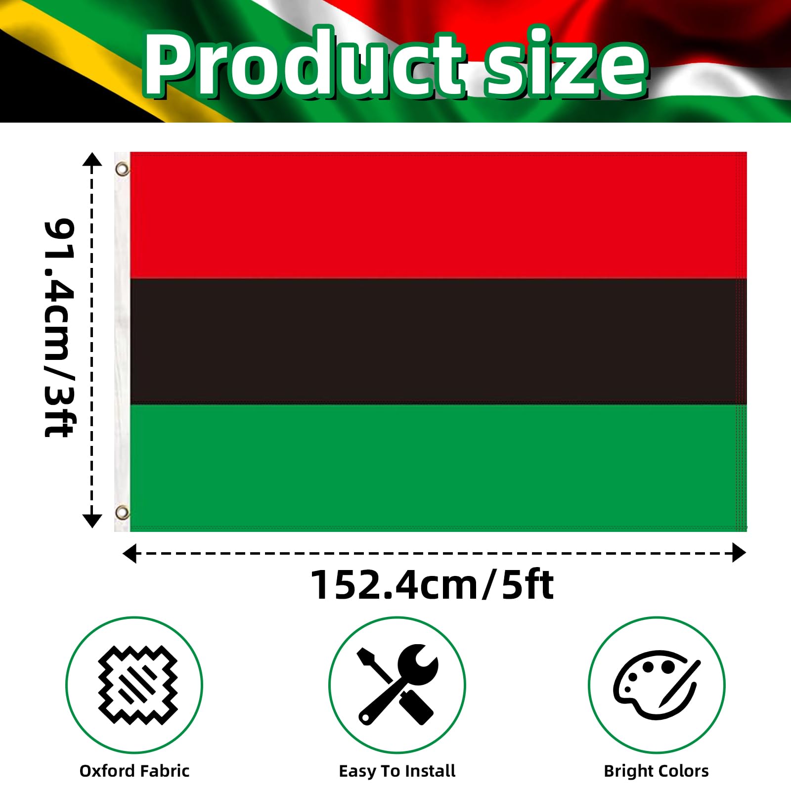 Geodurn flag shows sewn red, black, and green stripes for lasting color.