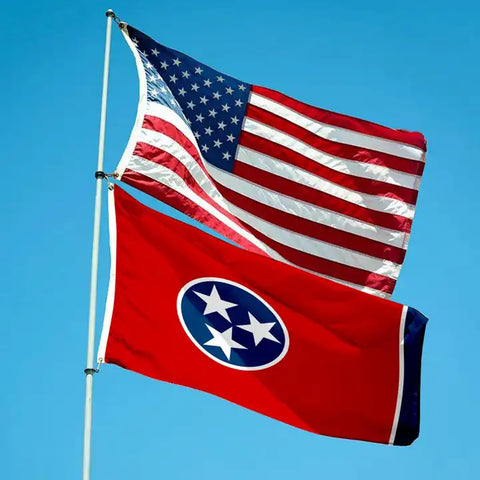 Geodurn Tennessee flag 210D polyester fabric indicating weather resistance.
