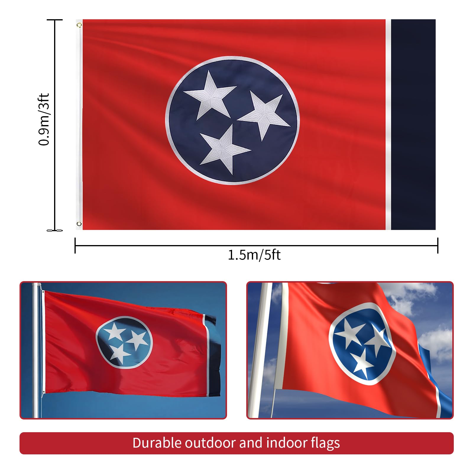 Geodurn Tennessee flag back view showing identical double-sided colors for versatile display.