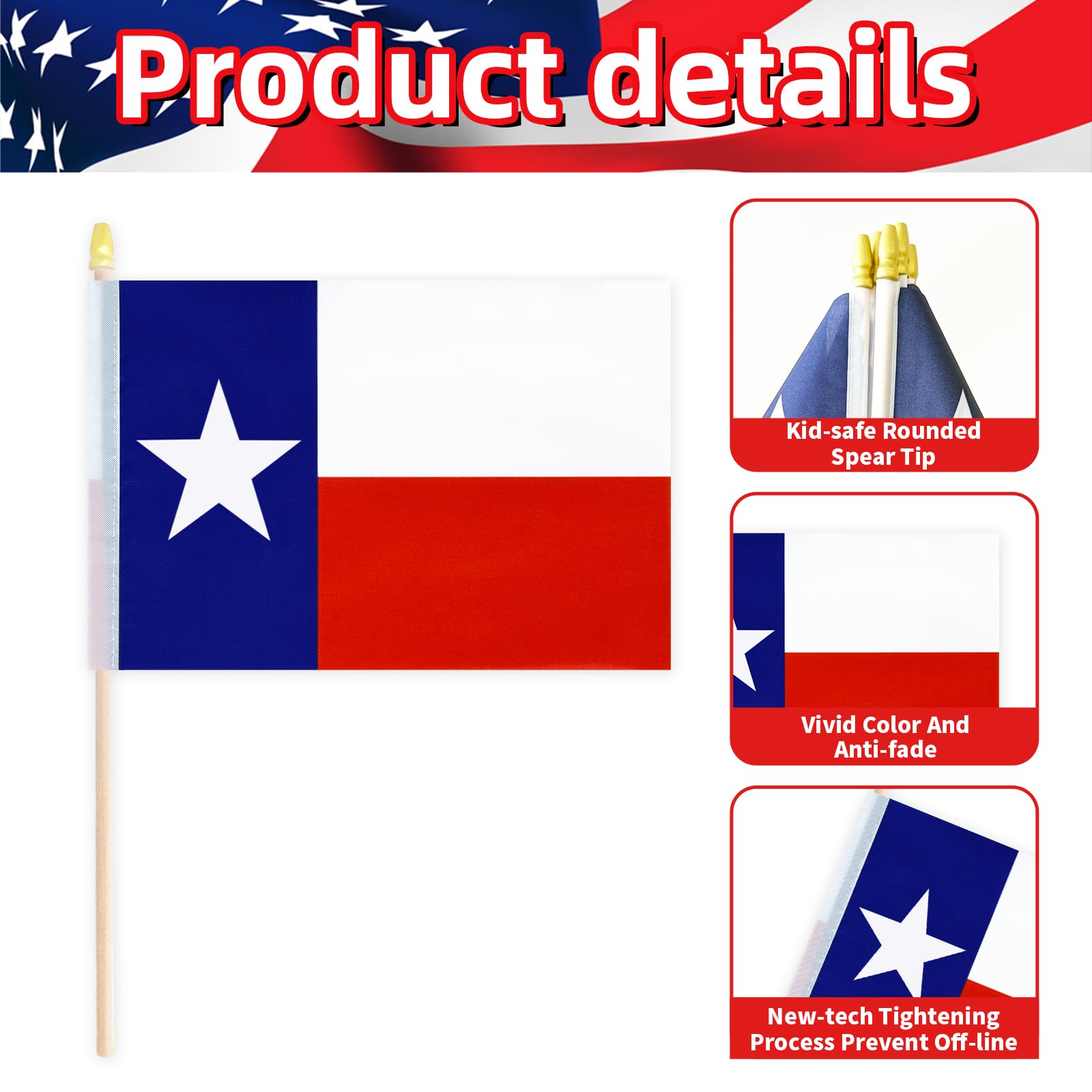 Geodurn Texas flag packaging with separate poles for easy assembly