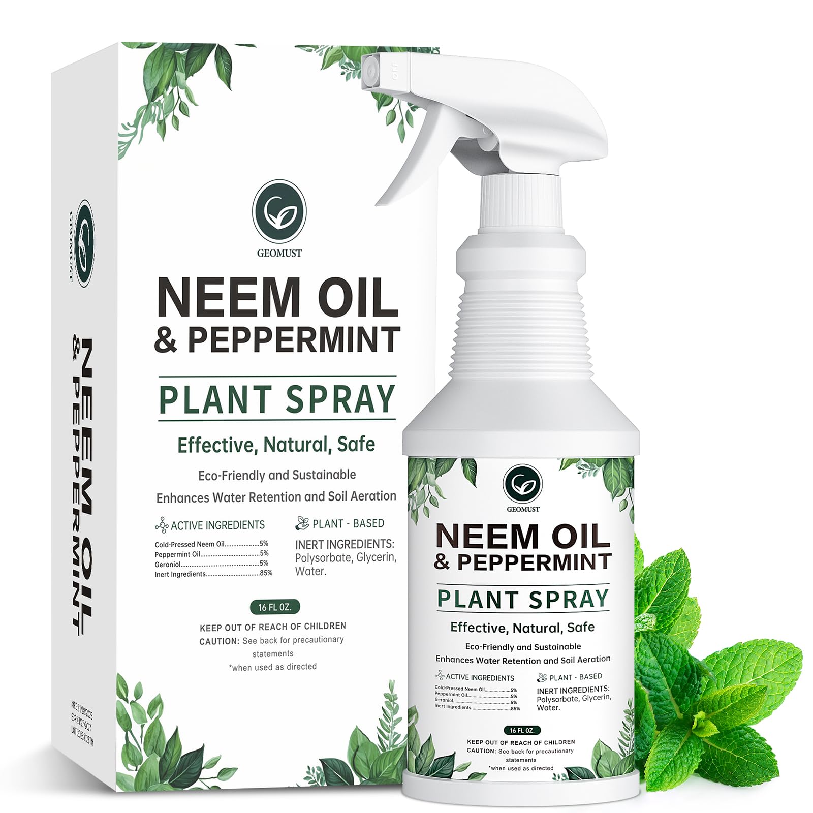 Geomust Neem Oil Peppermint Spray bottle ideal for indoor plant protection.