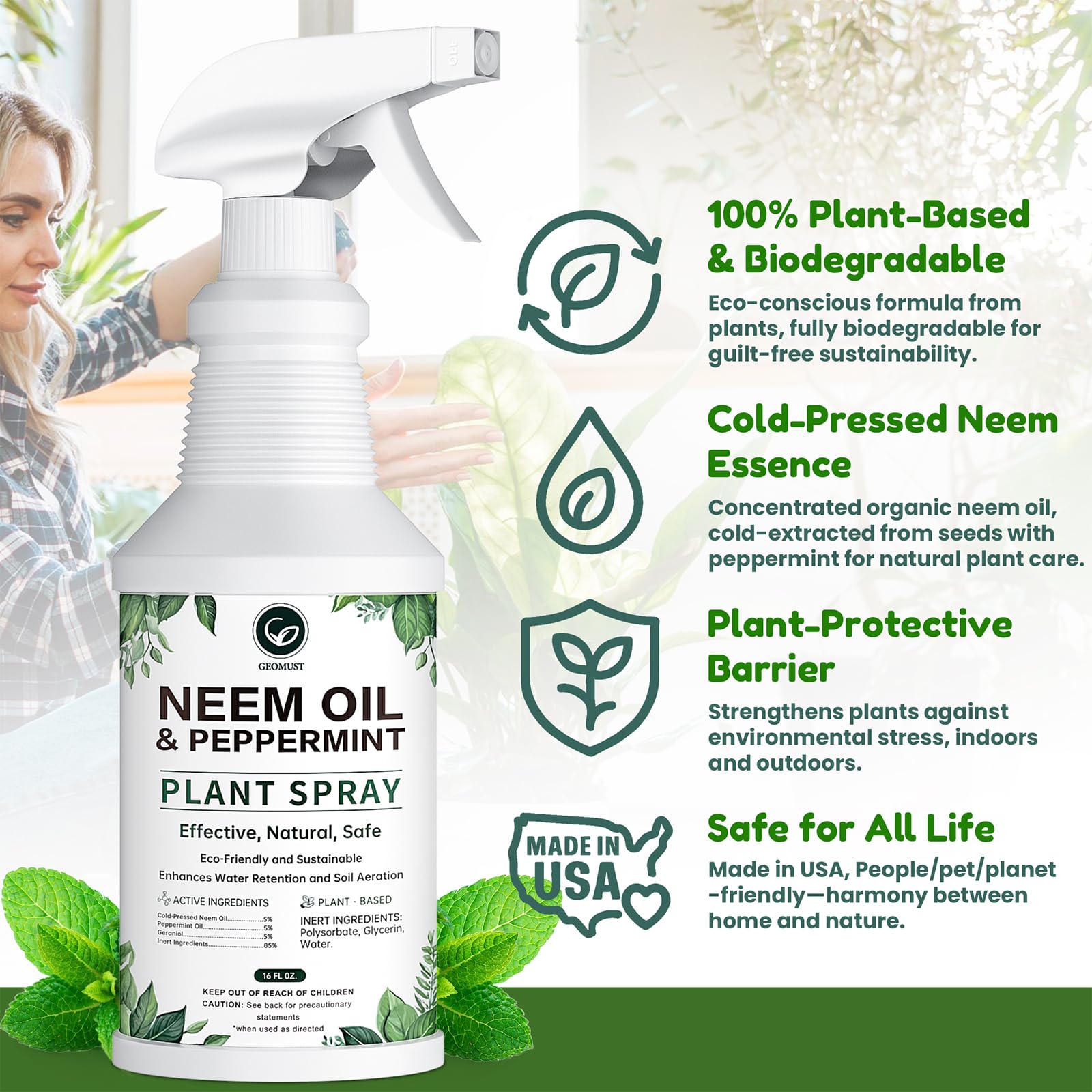 Geomust Neem Oil Peppermint Spray mist for even outdoor plant coverage.