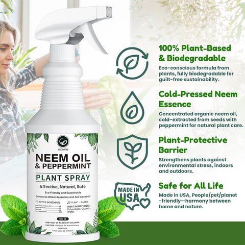 Geomust Neem Oil Peppermint Spray mist for even outdoor plant coverage.