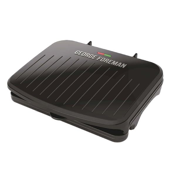 George Foreman family-sized grill with open lid for family meals and even searing.