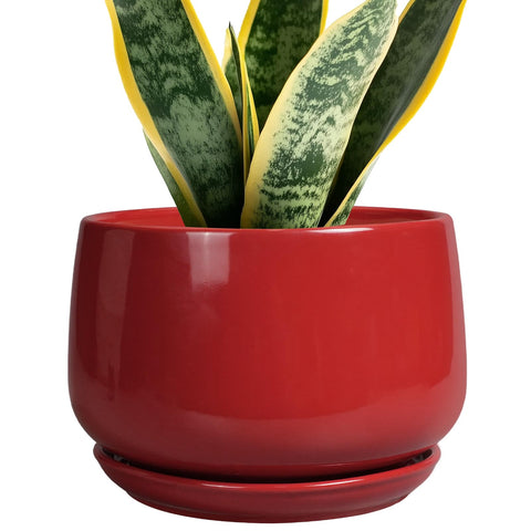 G EPGardening 7-inch red ceramic planter, front view ideal for modern indoor decor and plants.