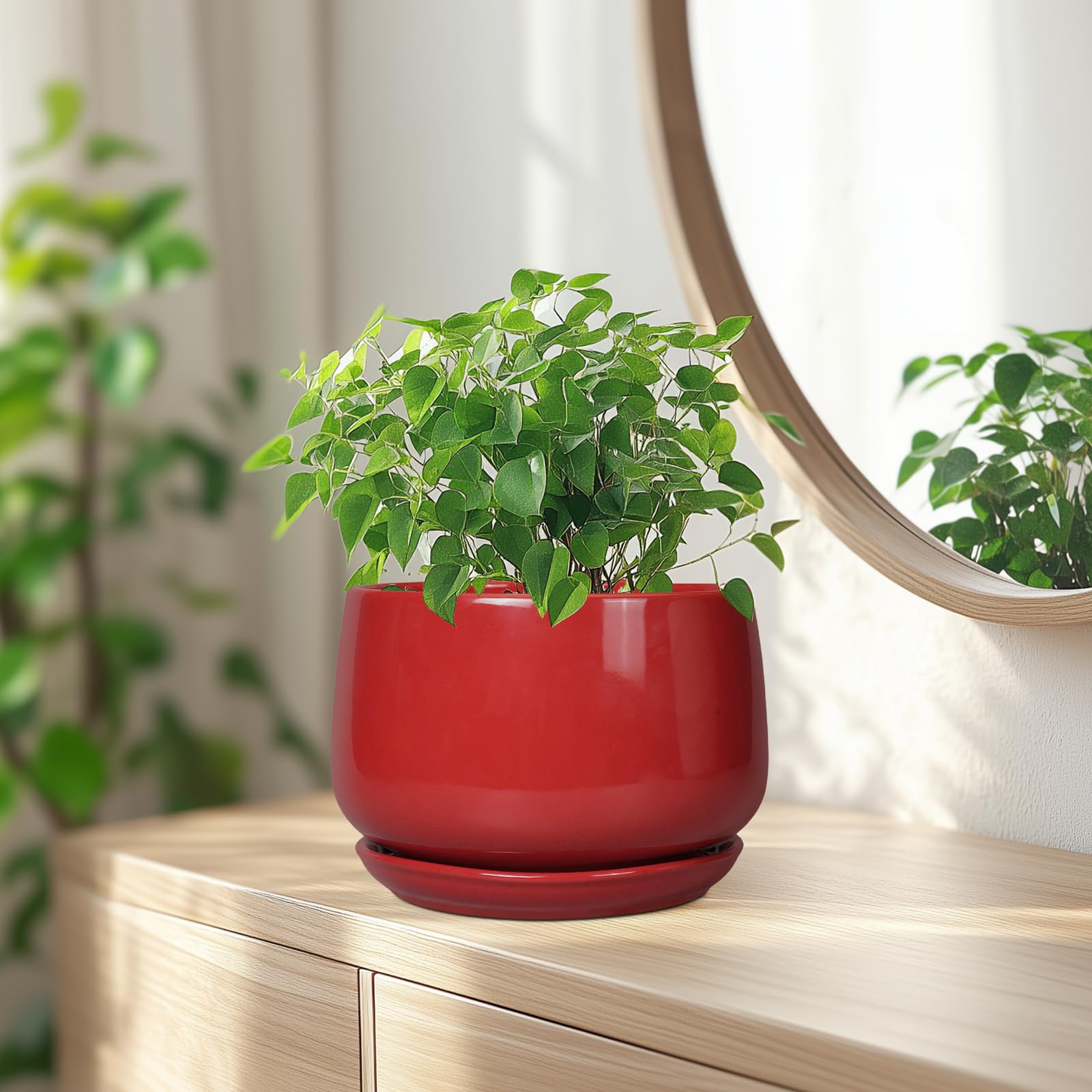 G EPGardening 7-inch red ceramic planter on a shelf with a lush indoor plant.