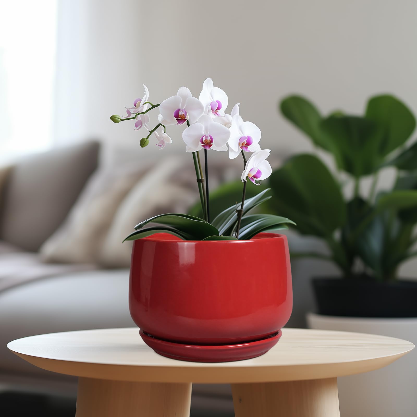 G EPGardening 7-inch red ceramic planter, top view showing smooth glaze and elegance.