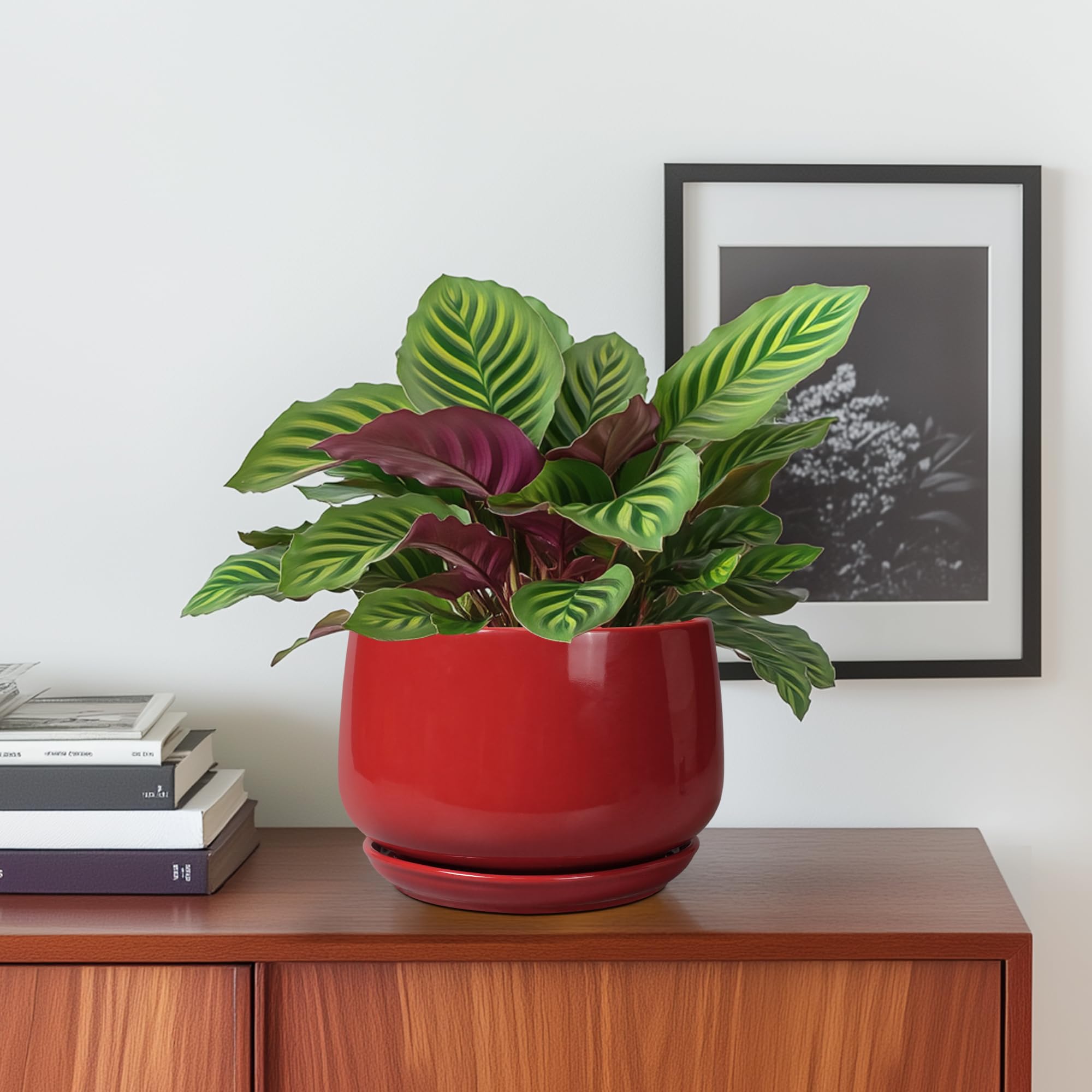 G EPGardening red ceramic pot with matching saucer for spill protection.