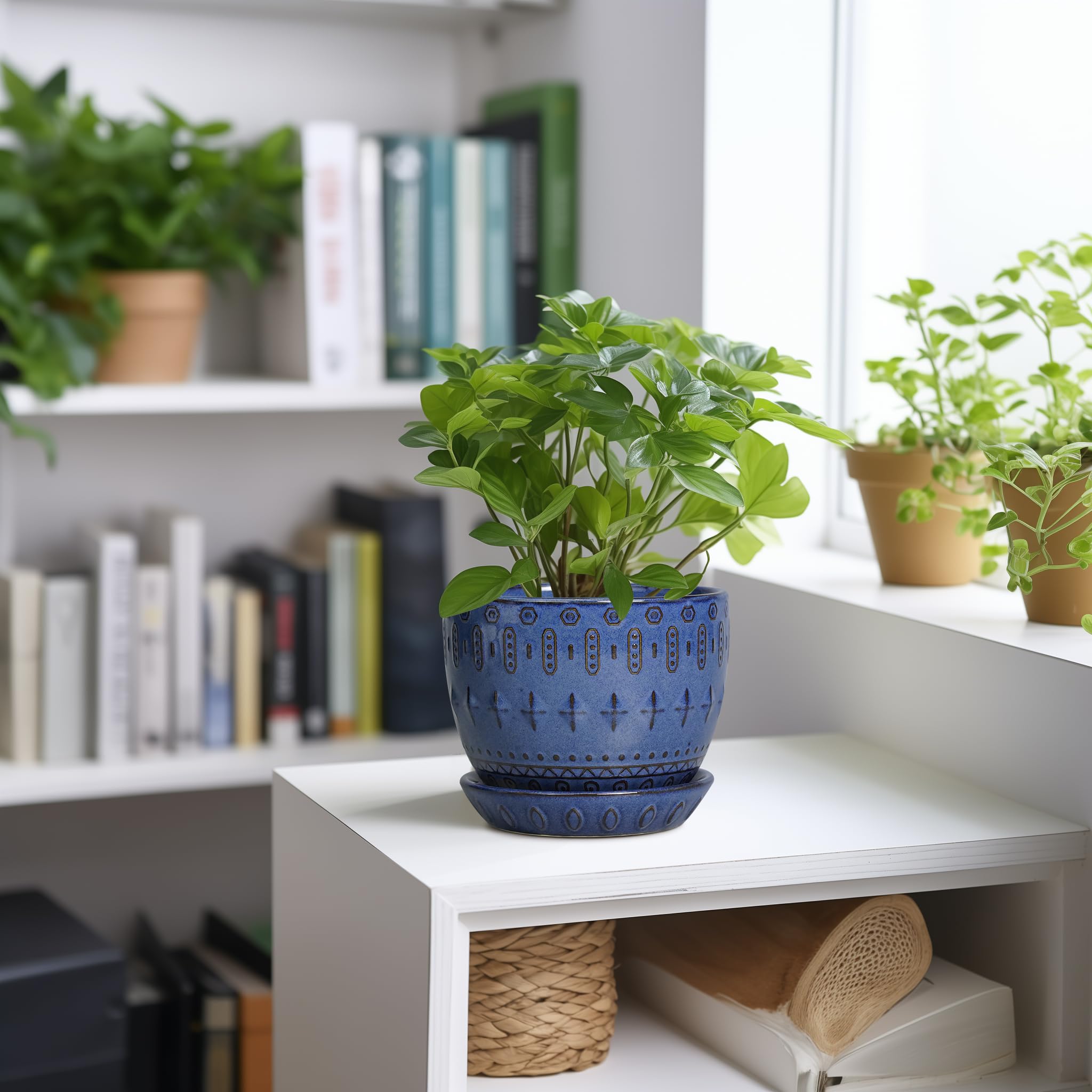 G EPGardening 5inch blue side view shows sturdy ceramic construction.