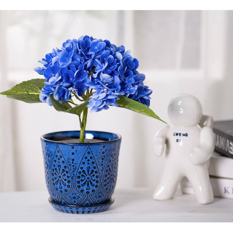 Gepege ceramic planter blue with saucer set for clean surface protection