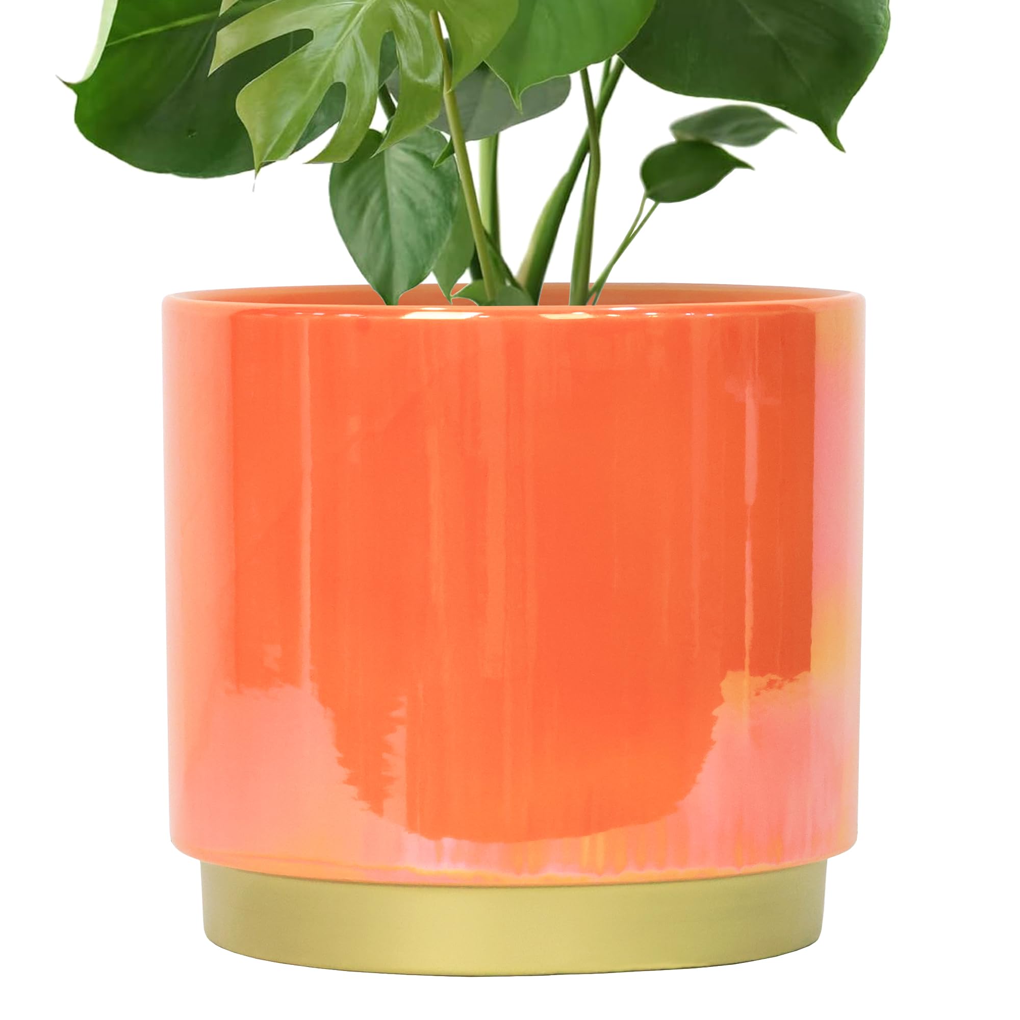 Gepege Peach ceramic planter front view with rainbow glaze for stylish indoor decor.