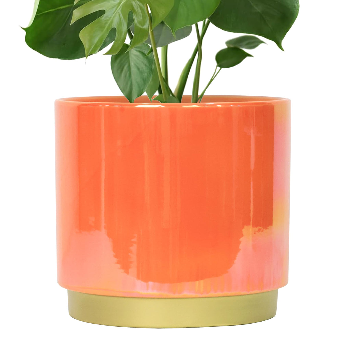 Gepege Peach ceramic planter front view with rainbow glaze for stylish indoor decor.