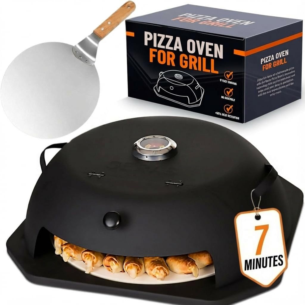 Geras HeatGuard Pro pizza oven on grill delivers even heat for crispy crust.