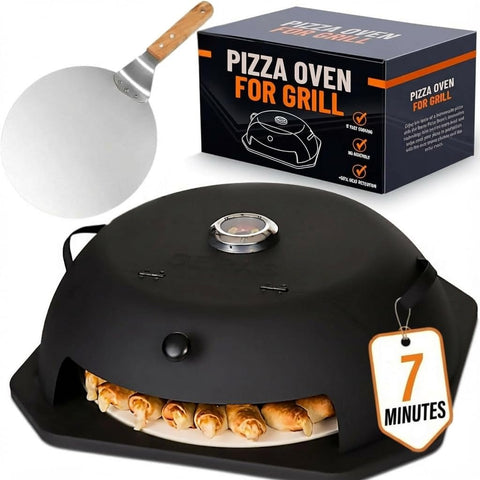 Geras HeatGuard Pro pizza oven on grill delivers even heat for crispy crust.