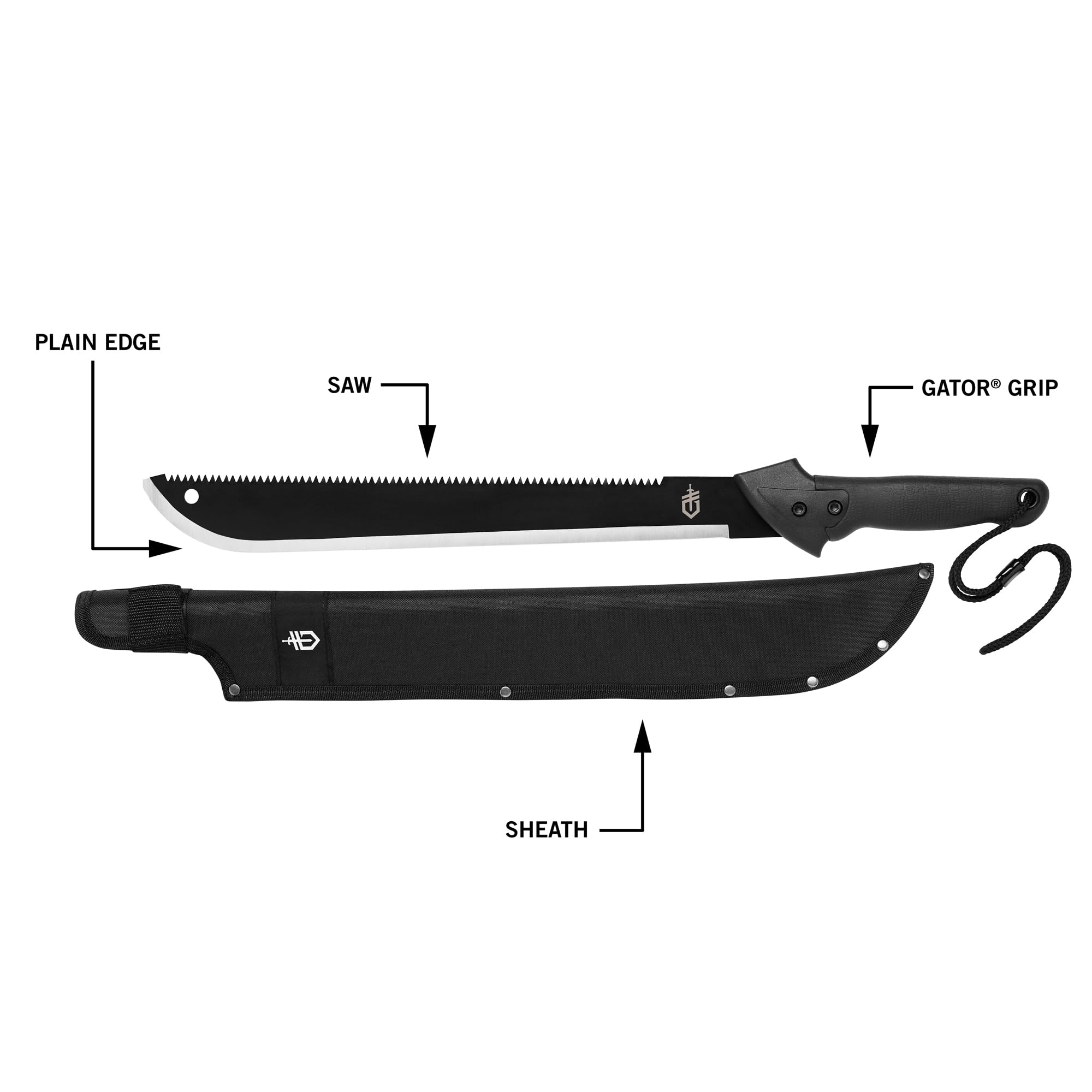 Gerber Gator Machete reverse saw blade aids heavy brush clearing.