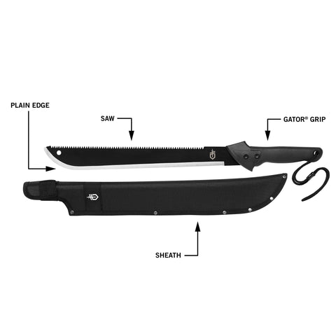 Gerber Gator Machete reverse saw blade aids heavy brush clearing.