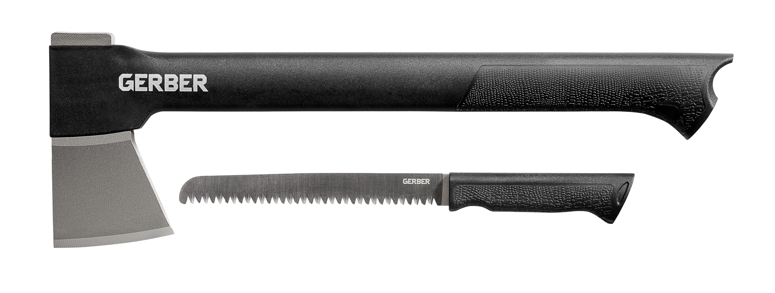 Gerber Gator Axe II with blade and hidden saw in the handle for versatile outdoor cutting.