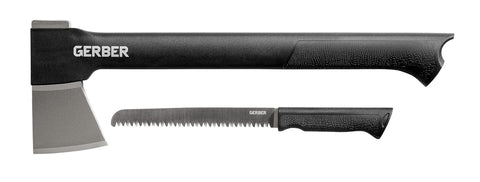 Gerber Gator Axe II with blade and hidden saw in the handle for versatile outdoor cutting.