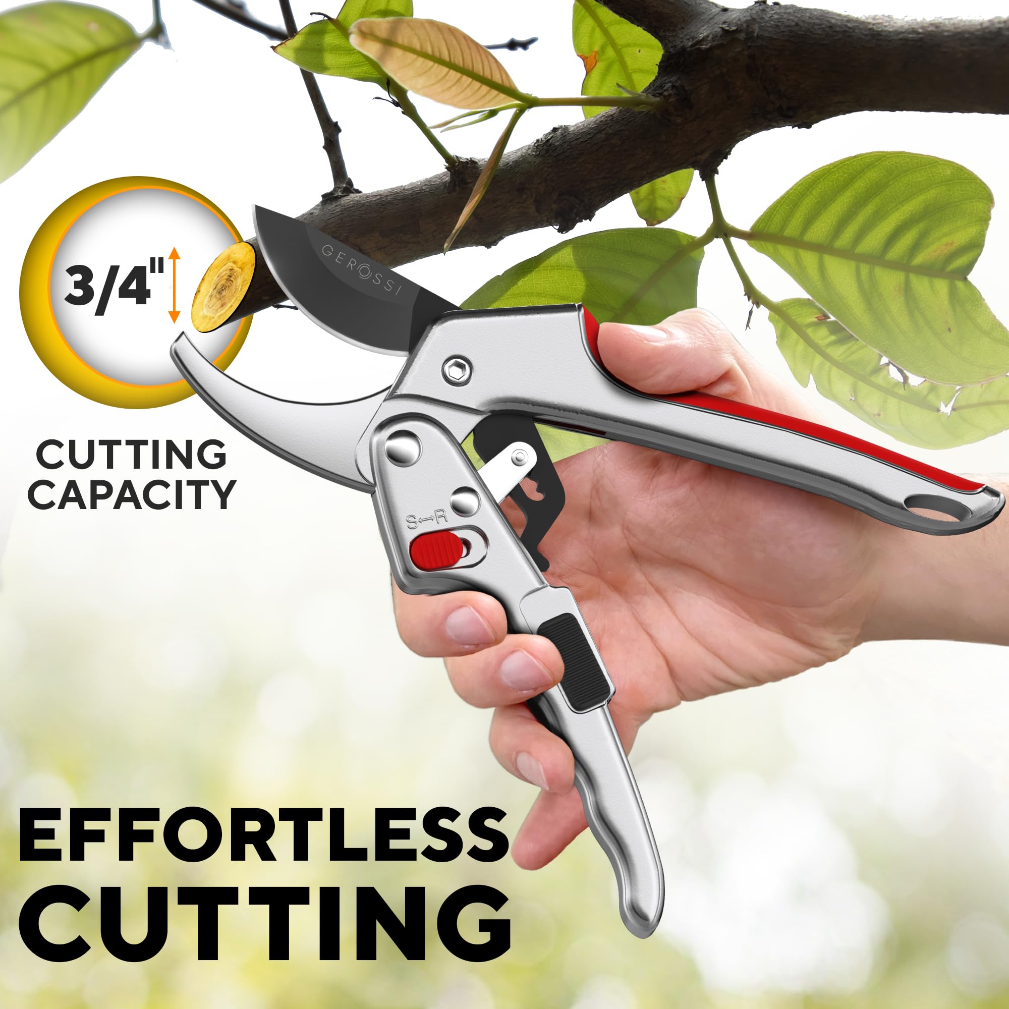 Gerossi 8-inch pruner blade close-up showing sharp, durable edge.