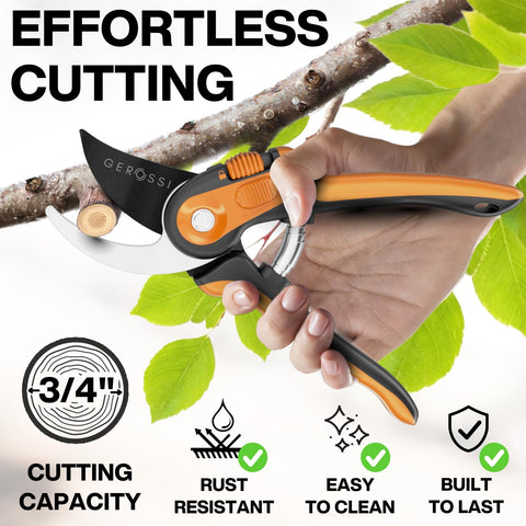 GEROSSI bypass shear ergonomic handle overview for reduced hand fatigue during pruning.