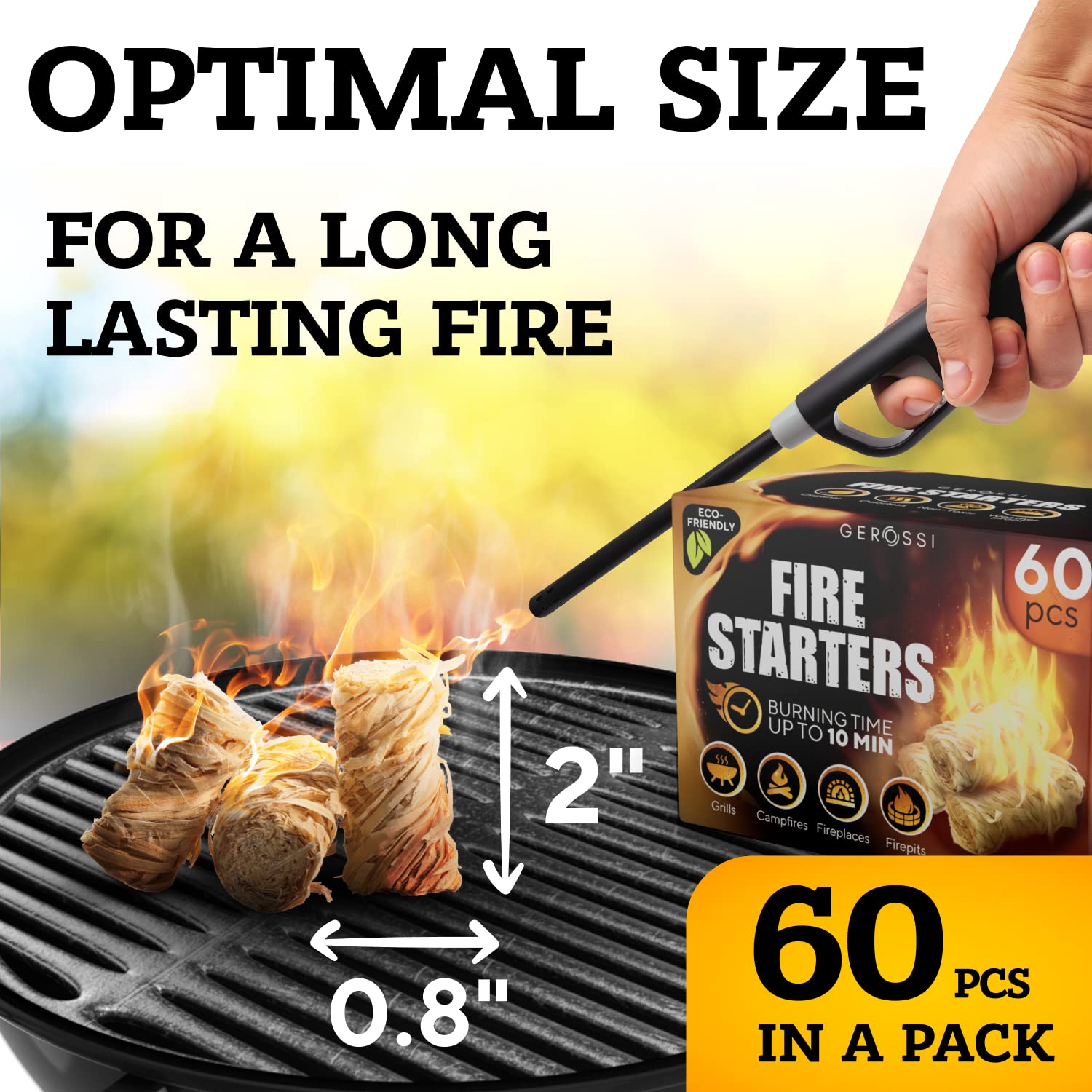 GEROSSI 60-pack starts campfires with a steady 10-minute flame.