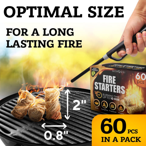 GEROSSI 60-pack starts campfires with a steady 10-minute flame.