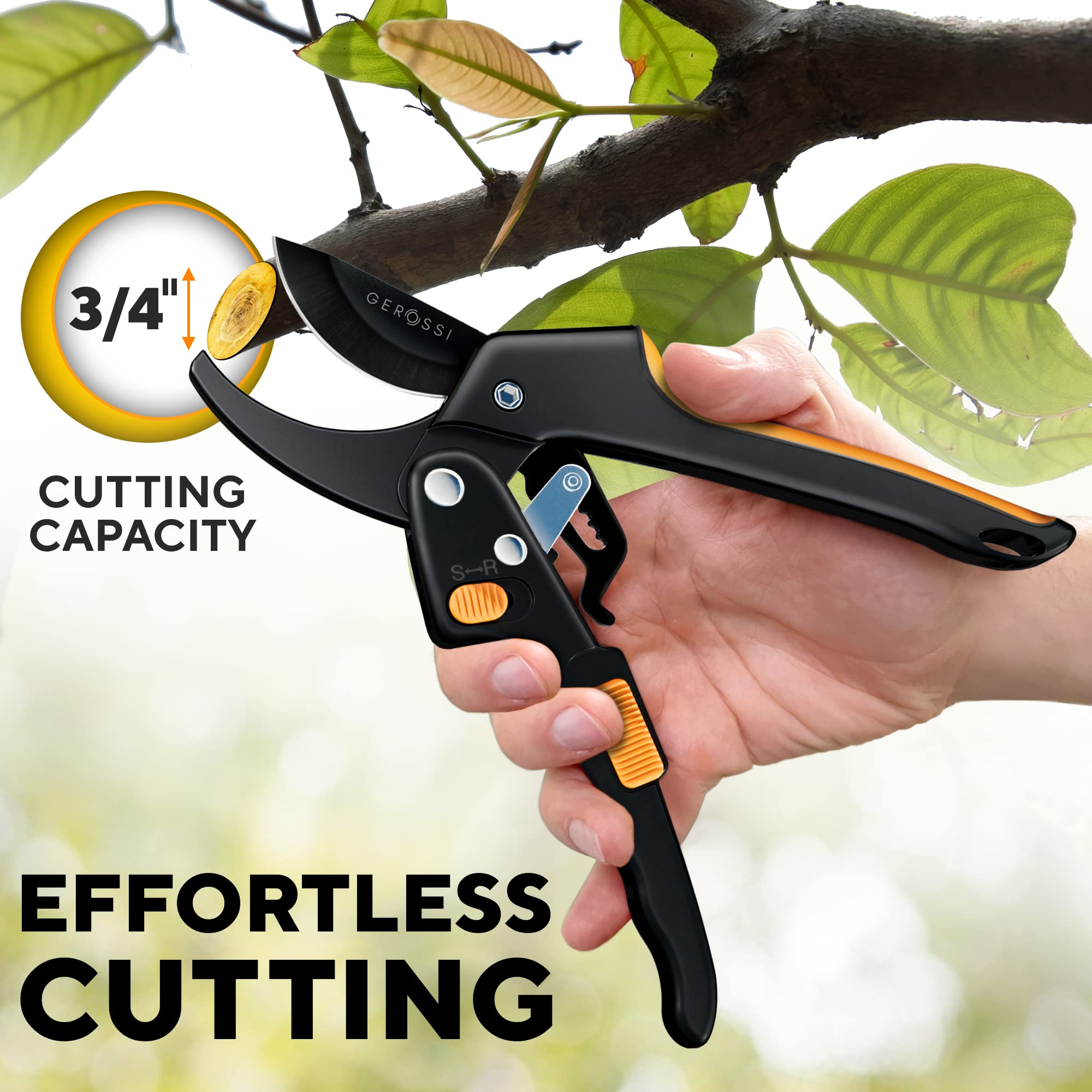GEROSSI heavy-duty ratchet pruner with ultra-sharp blade for clean cuts