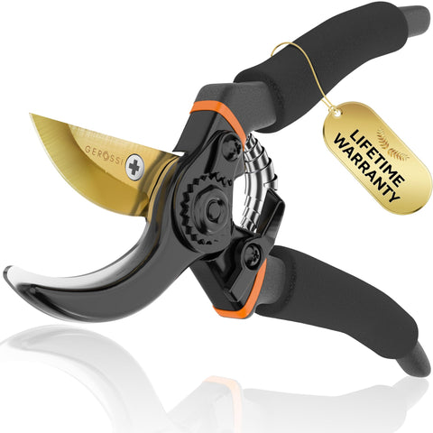 GEROSSI Premium Bypass Pruning Shears blade close-up showing sharp edge for clean cuts.