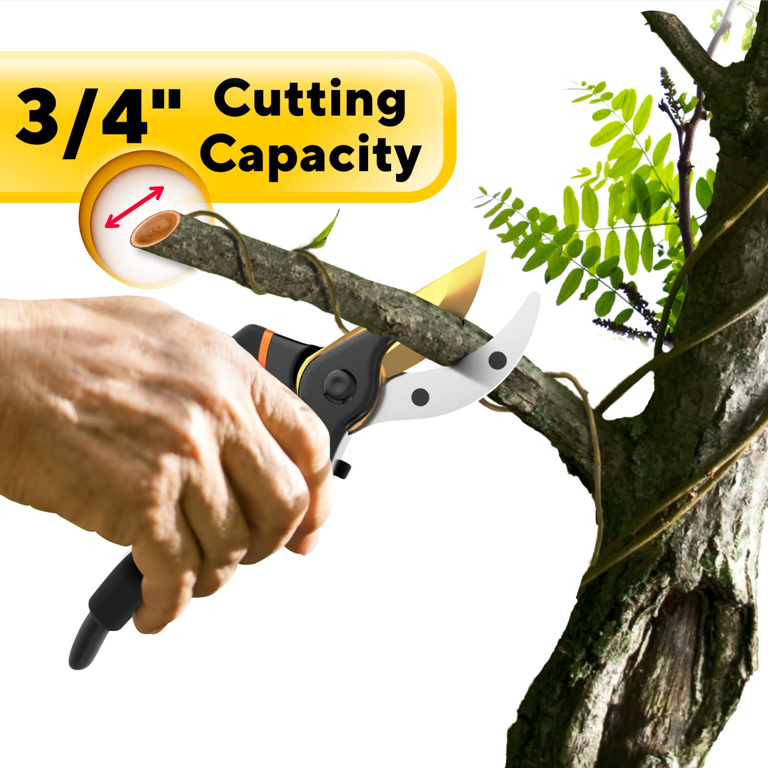 GEROSSI Premium Bypass Pruning Shears ergonomic handle in use for comfortable pruning.