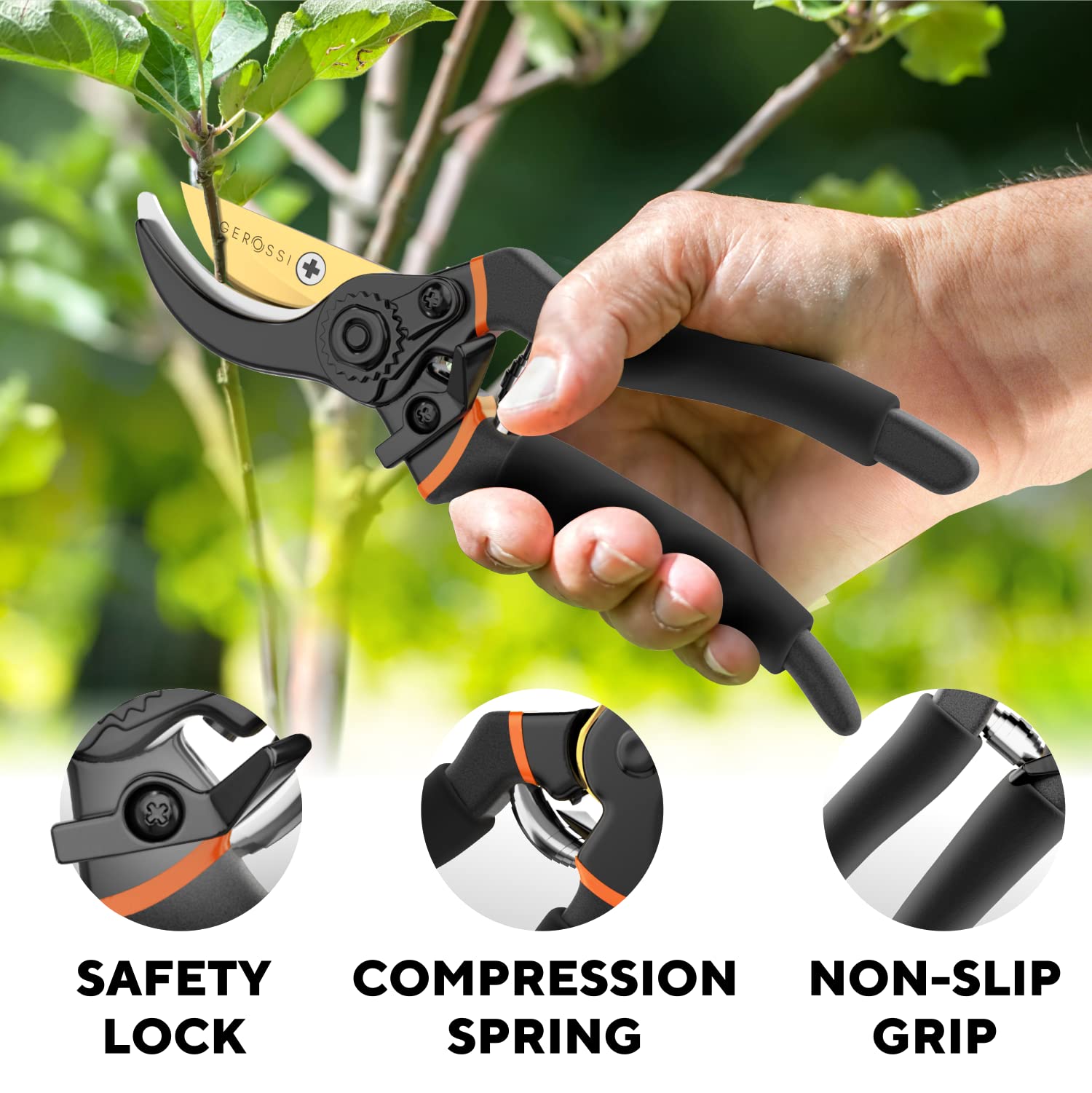 GEROSSI Premium Bypass Pruning Shears safety lock enabling one-handed operation.
