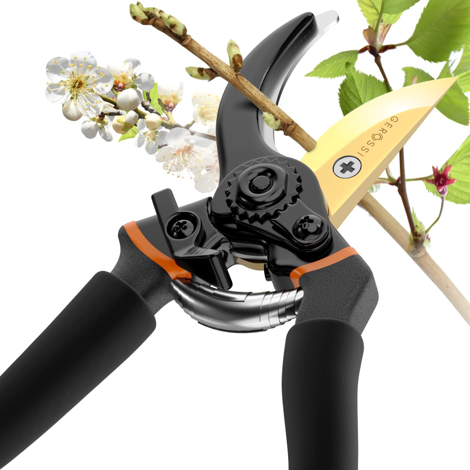GEROSSI Premium Bypass Pruning Shears spring action aiding effortless reopening after cut.