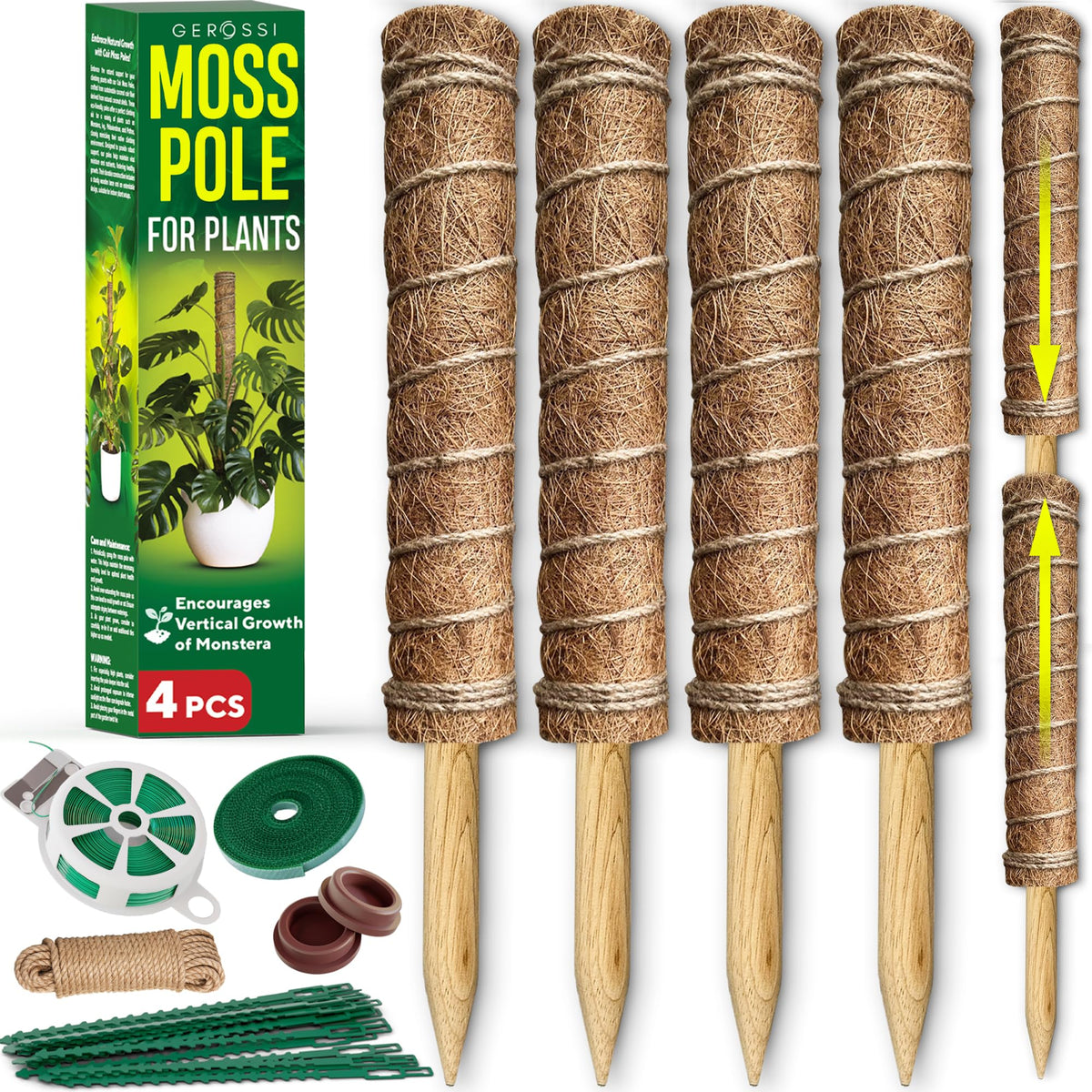 GEROSSI premium moss pole four-pack supports vertical growth for Monstera and climbers.
