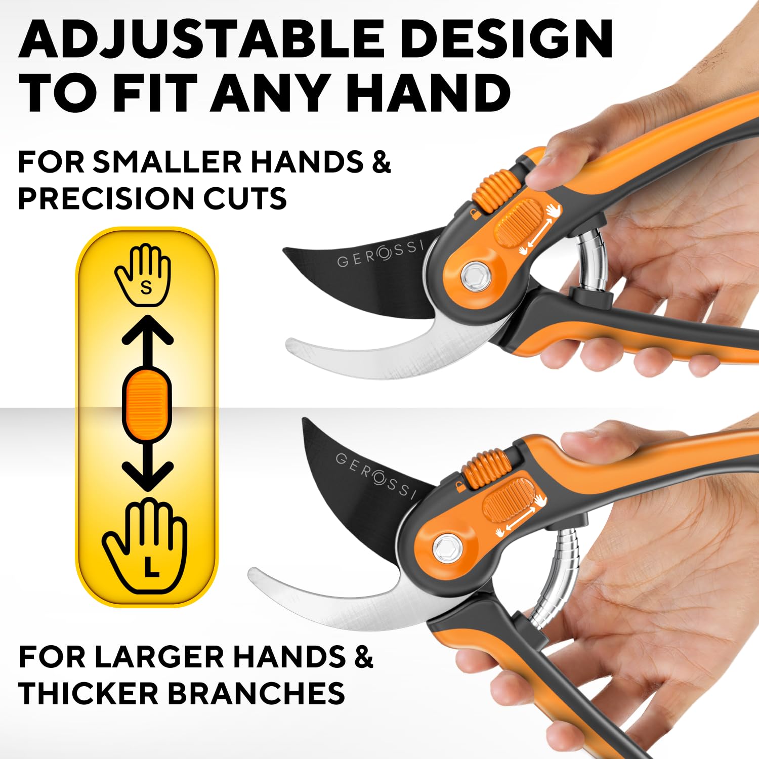GEROSSI pruning shears safety lock in action for one-handed use and secure storage.