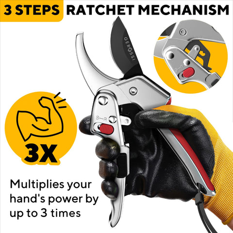 Gerossi ratchet pruner cutting thick branches with threefold power.