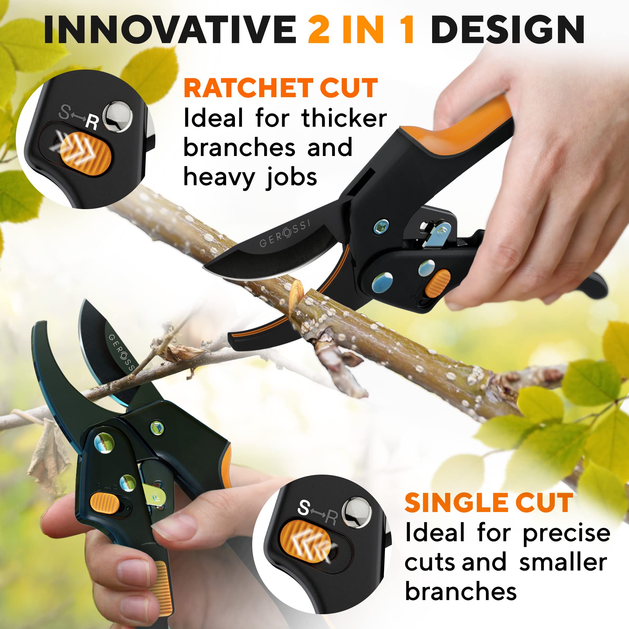 GEROSSI three-step ratchet mechanism in action for thick-branch cuts