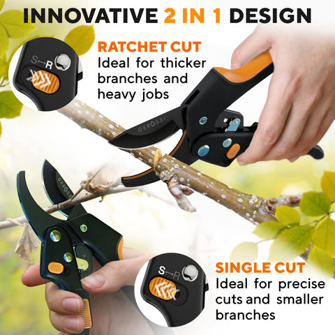 GEROSSI three-step ratchet mechanism in action for thick-branch cuts