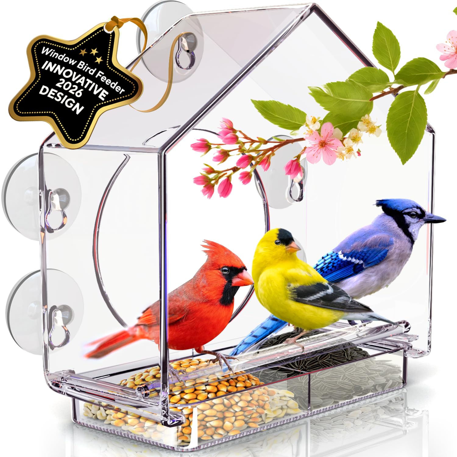 GEROSSI window bird feeder front view with crystal-clear viewing panel for birds