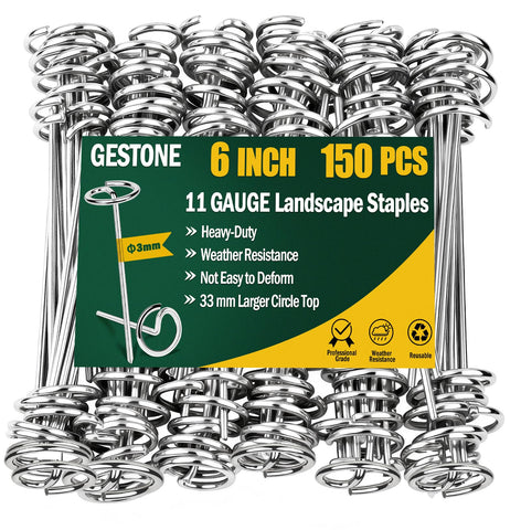 GESTONE 150-pcs heavy-duty stakes lined up for sturdy fabric anchoring.