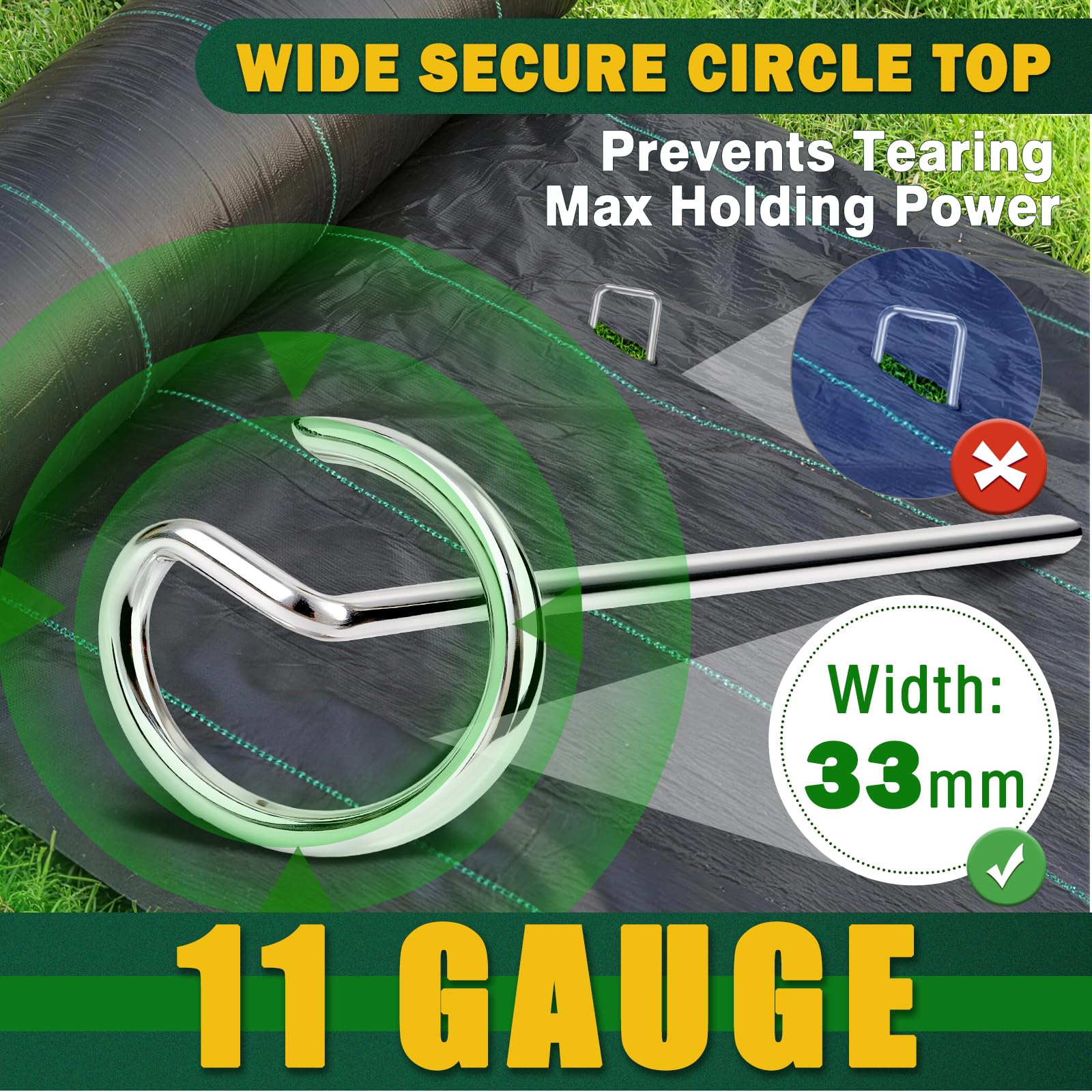 GESTONE circle-top design stakes demonstrating increased grip on fabric.