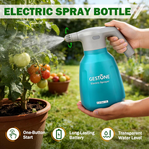 GESTONE Electric Spray Bottle nozzle adjustment showing direct stream and mist options.