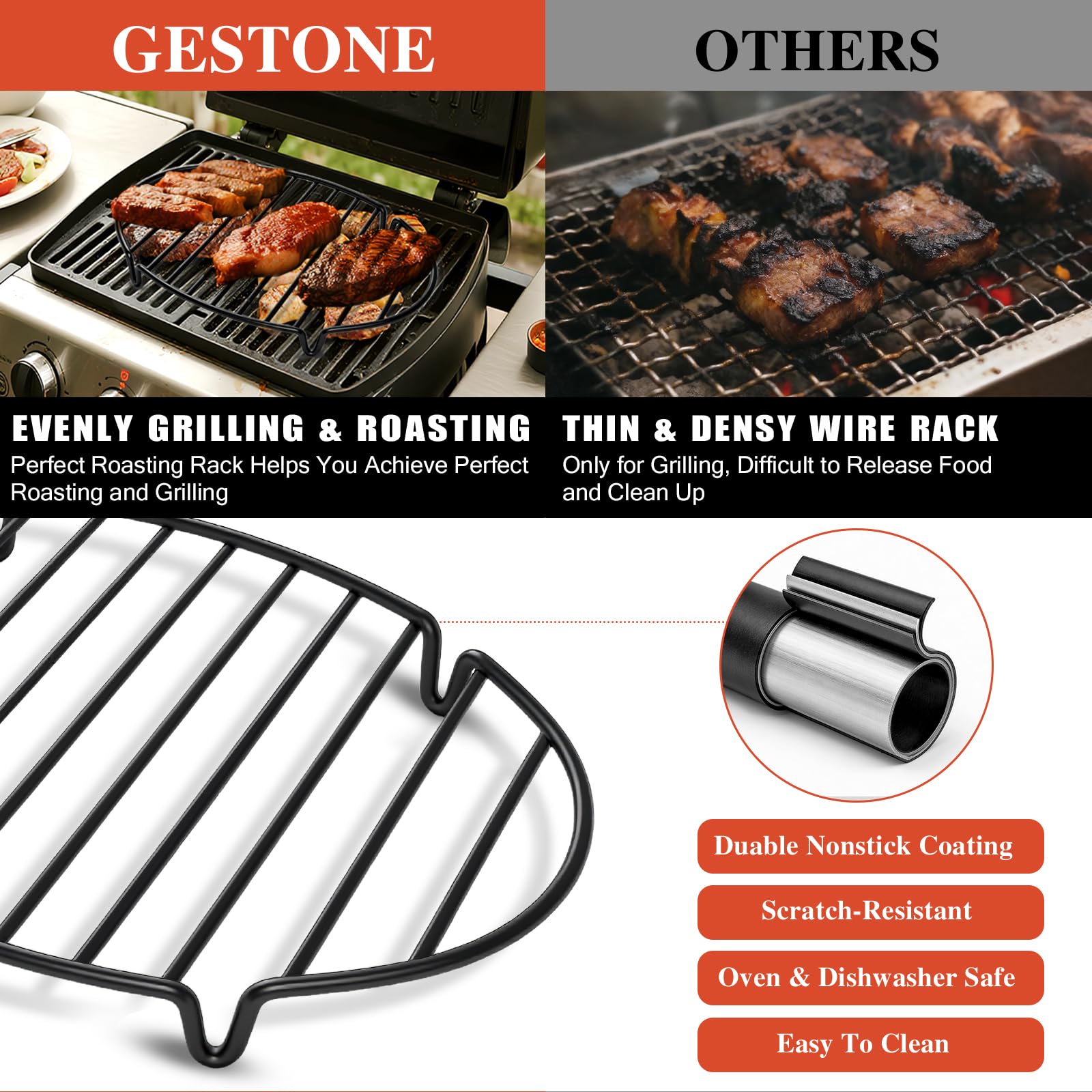Gestone nonstick-coated rack with dense wire design minimizes sticking for quick cleanup and reliable releases.