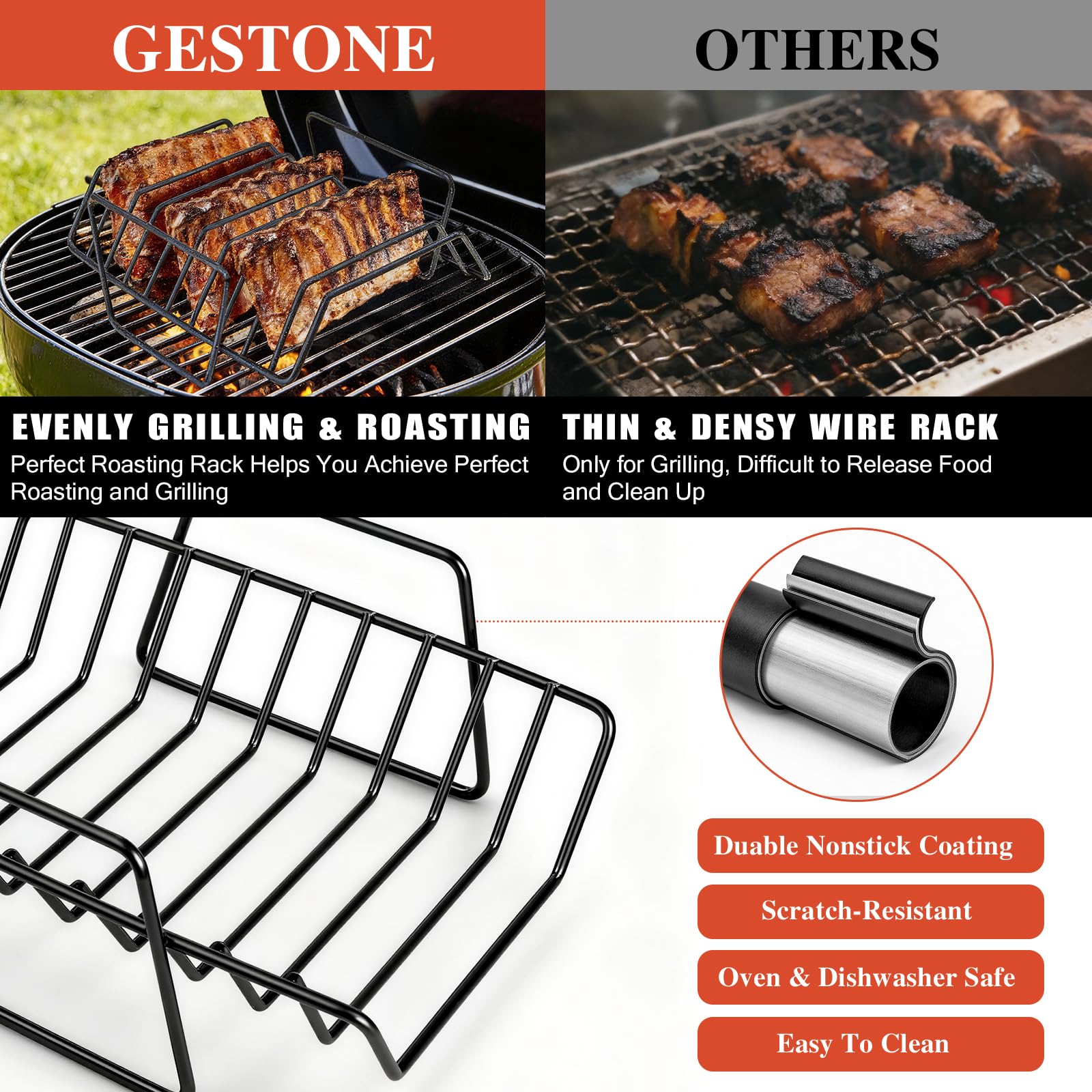 GESTONE rack for smoker grill keeps meat elevated for even heat.