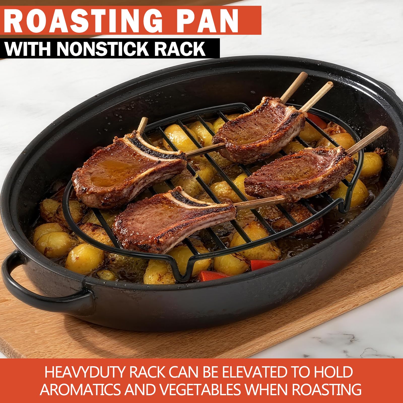 Gestone roasting rack with fully integrated feet raises meat for better air circulation and even cooking.