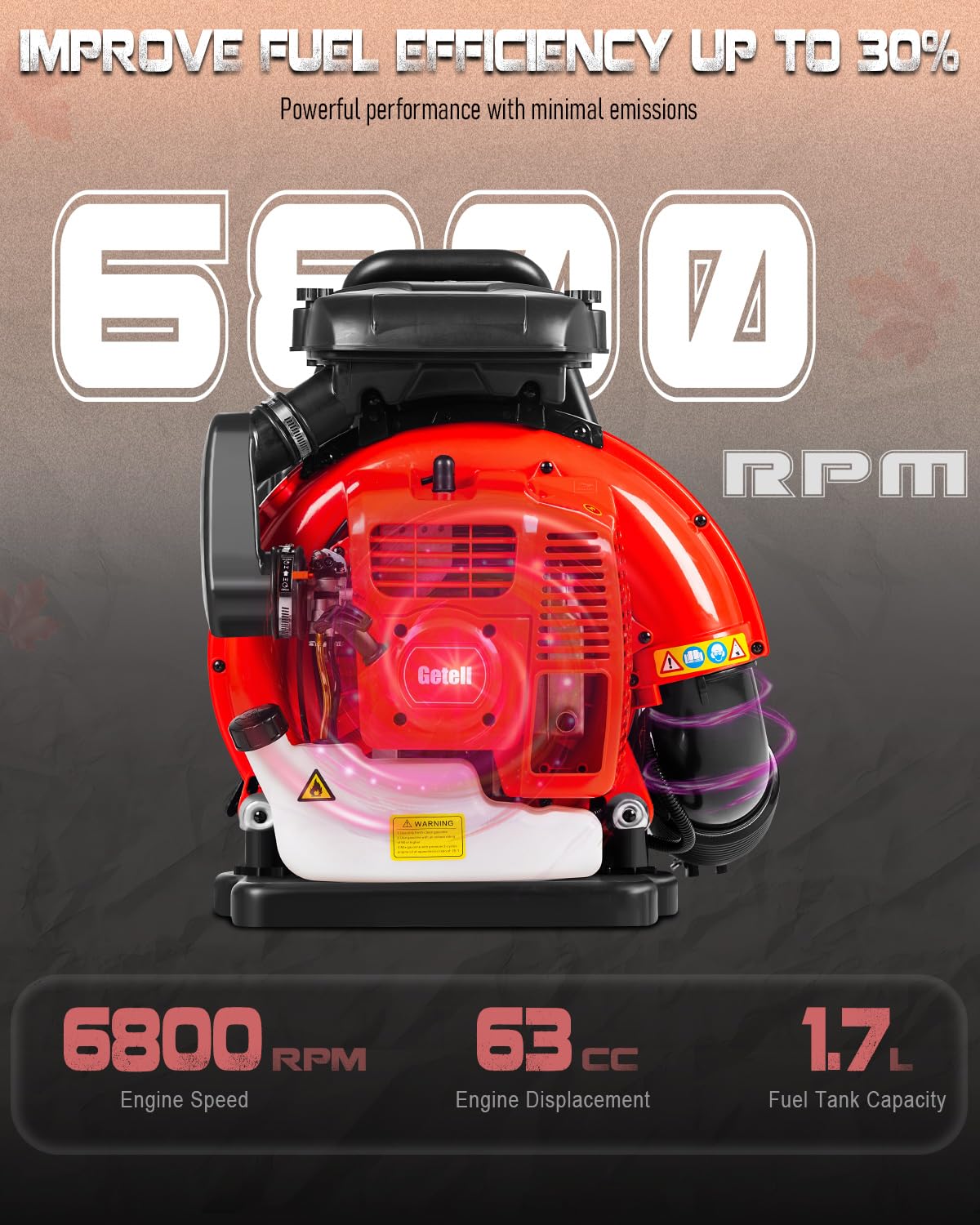 Getell GB657 Pro airflow 665 cfm delivers strong debris removal for large properties.