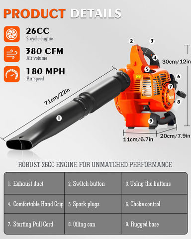 Getell leaf blower translucent fuel tank for easy gas monitoring.