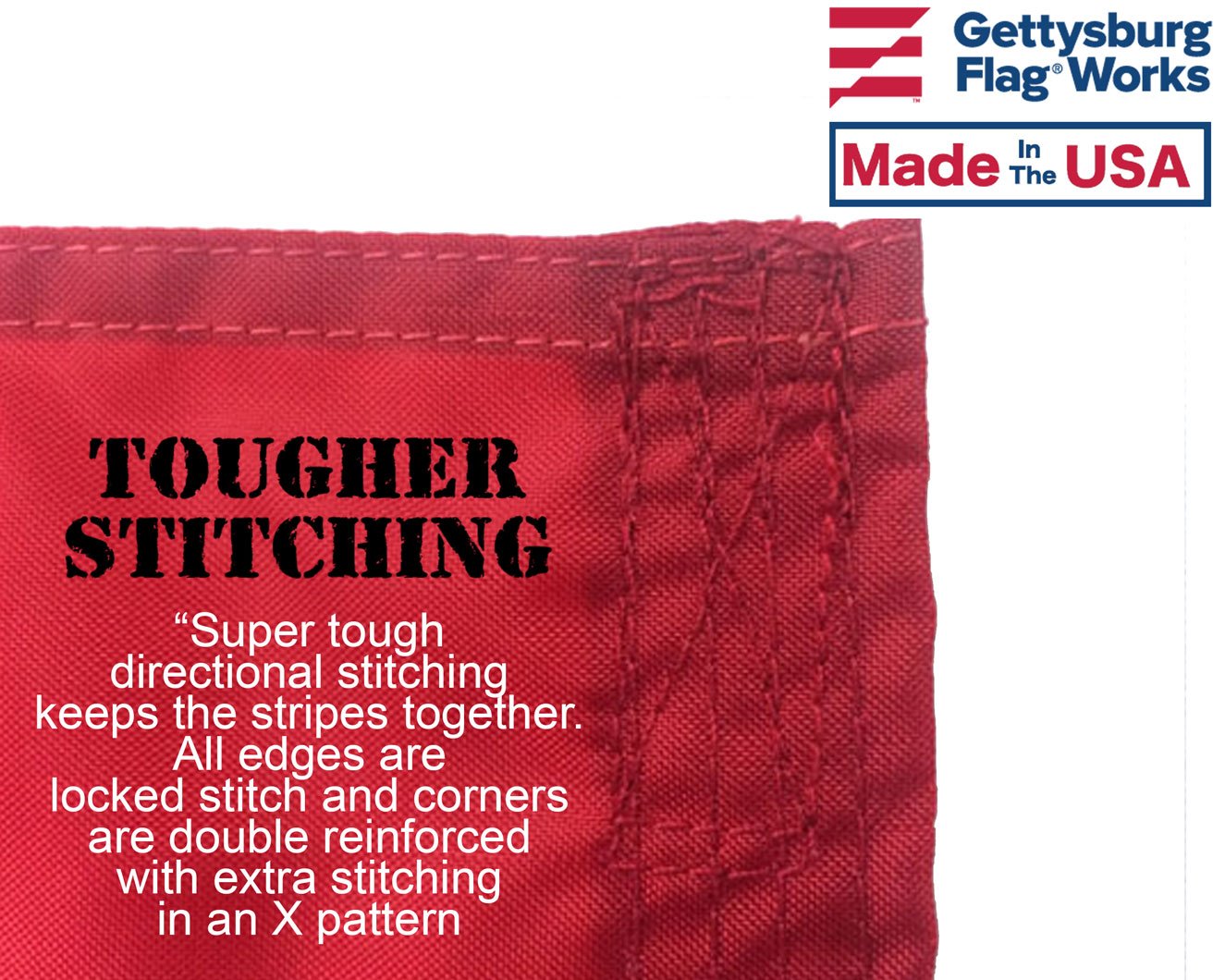 Gettysburg Flag Works Battle-Tough stripes stitch close-up highlights reinforced seams