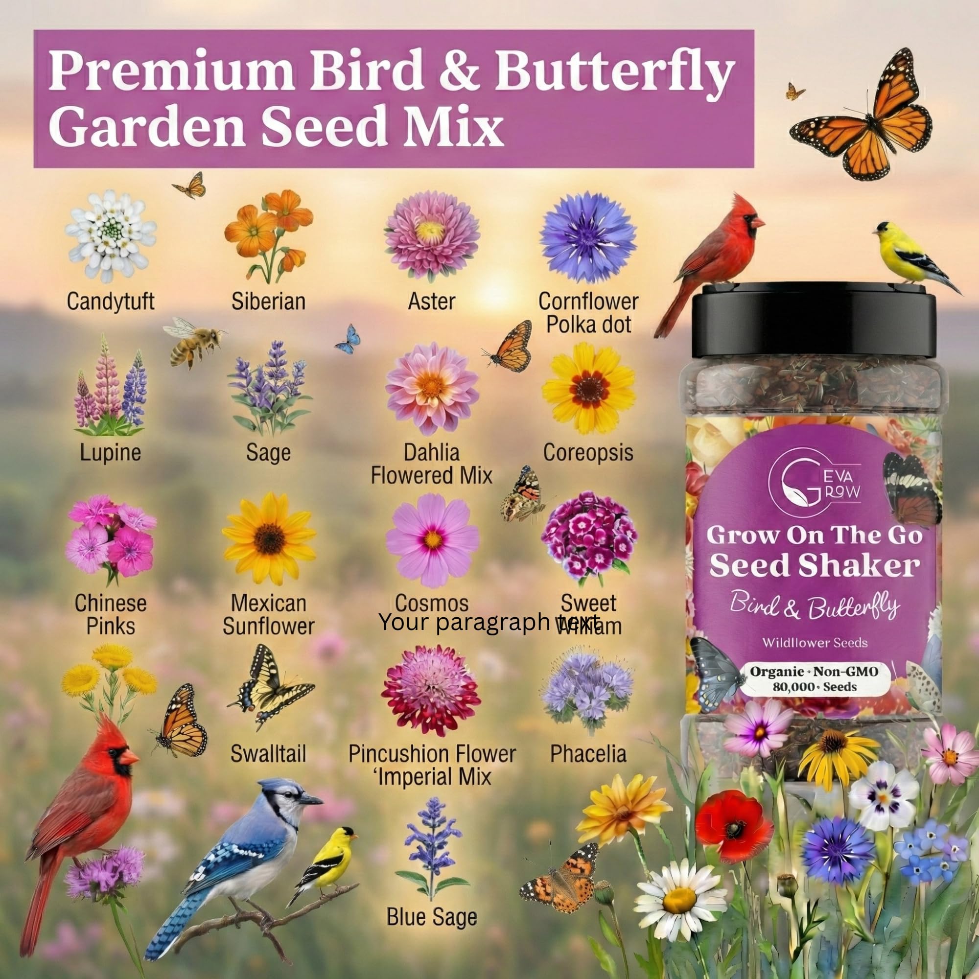 GevaGrow bird and butterfly wildflower mix in garden attracting hummingbirds.