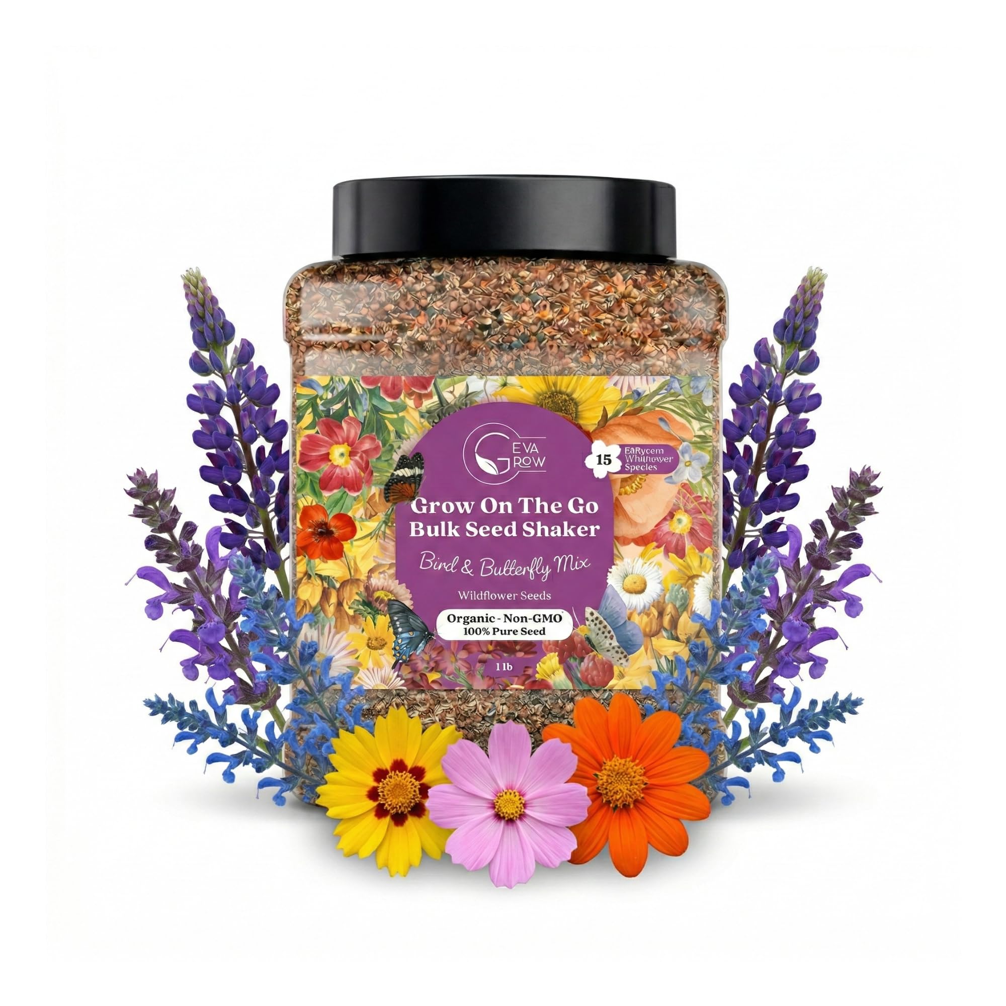 GevaGrow Bird and Butterfly Wildflower Seed Mix packaging shown for garden sowing